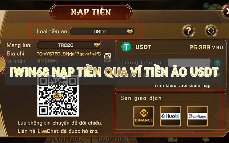 Hướng dẫn nạp tiền Iwin68 bằng tất cả hình thức 3 Iwin68 nạp tiền qua ví tiền ảo USDT